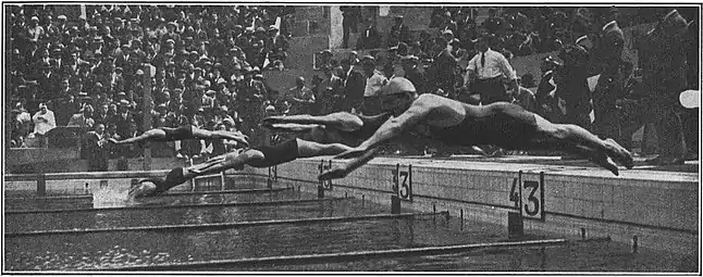 Finale du 400 mètres nage libre masculin, le 18 juillet. De g. à d. :USA : Johnny Weissmuller,SWE : Arne BorgAUS : Andrew CharltonSWE : Åke Borg,GBR : Jack Hatfield.