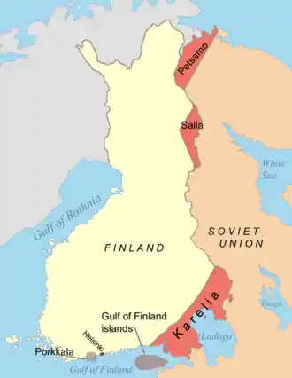 Les parties cédées par la Finlande à l'URSS après la guerre de Continuation.