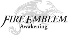 Fire Emblem Awakening est écrit sur deux lignes en lettres noires. On aperçoit un dragon légèrement en transparence derrière le titre.