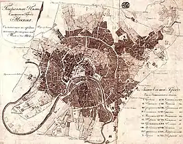 Carte de 1817 montrant la zone détruite en noir. La carte exagère probablement les dégâts, montrant certains blocs survivants comme s'ils avaient été détruits.