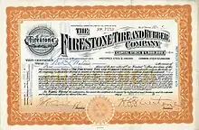 Action de préférence de la Firestone Tire and Rubber Company de 10 parts de 100 $ chacune, émise le 15 mai 1911 à Akron, Ohio, signée en original par Harvey S. Firestone en tant que président