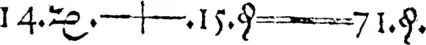 Première équation connue dans la notation de Recorde, équivalente à 14x+15=71 dans la notation moderne