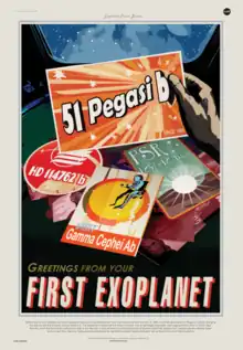 Une carte postale sur laquelle est écrite "51 Pegasi B", avec ce qui ressemnble à des autocollants de diverses exoplanètes ou objets stellaires. Le texte "Greetings from your first exoplanet" = "Salutations de votre première exoplanète".