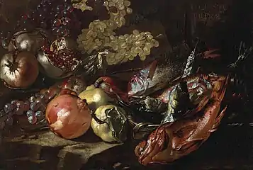Fish, Grapes and Pomegranates on a Ledge huile sur toile 64,7 × 92,8 cm