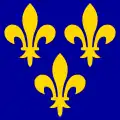 La bannière du roi de France, comptant trois fleurs de lys dorées sur un fond bleu.