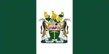 Image d'un drapeau avec deux bandes vertes verticales encadrant une zone blanche où se trouve des armoiries composées de deux gazelles entourant un écu portant une pioche or.