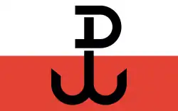 Drapeau non officiel de l'Armia Krajowa et de l’État polonais clandestin : le drapeau polonais blasonné d'une Kotwica.