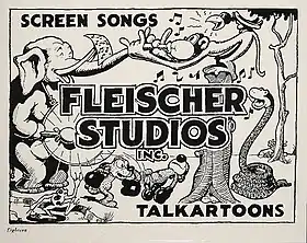 Affiche de Fleischer Studios où le nom est encadré par des dessins d'animaux.