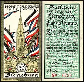 Monnaie à Flensbourg, en 1921, rappelant les plébiscites du Schleswig, qui établit en 1919 la frontière entre le Danemark et l'Allemagne. Réalisé par un artiste signant Holtz.