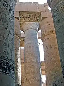 Colonnes, chapiteaux en lotus ouvert (partie ancienne, centrale, d'Amenhotep III) et fermé (travées latérales, de Ramsès II). Colonnes gravées en bas-relief dans le creux par Ramsès II (au Sud)