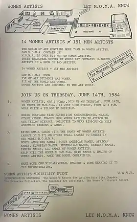 Prospectus distribué avant l'événement Women Artists Visibility Event (Let MOMA Know), le 14 juin 1984.