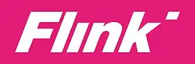 Le logo de Flink, un rectangle rose avec un texte italique blanc. Il n'y a pas de point sur le i. Cependant il y a un point à la fin du logo pour une raison stylistique.
