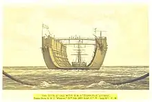 A large, U-shaped vessel, on the high seas, being towed by a sailing ship.