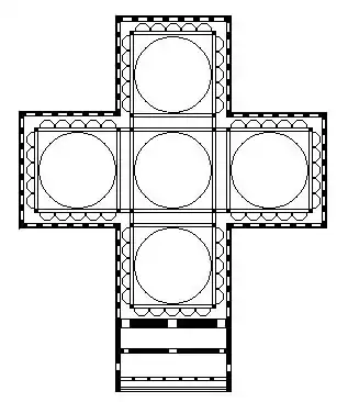 Plan de l'ancienne église des Saints-Apôtres de Constantinople, prototype des églises à plan centré en croix grecque et à cinq coupoles (1re moitié du VIe siècle)