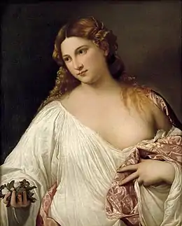 Peinture. Une femme (sur fond noir), debout de face, portant un chemisier blanc dont le col, largement ouvert au-dessous de son épaule gauche, dévoile une partie de sons sein gauche.