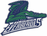 Logo des Everblades de la Floride, un alligator avec le nom de l'équipe stylisée à ressembler à un patin.