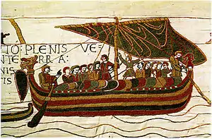 Navire de la flotte d'invasion, Tapisserie de Bayeux (XIe siècle), Bayeux, centre Guillaume-le-Conquérant.