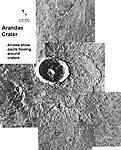 Écoulements des éjectas du cratère Arandas autour de cratères plus petits par 43° N et 346° E, marqués par de fines flèches blanches (assez peu visibles sur ce cliché ancien).
