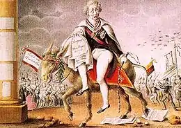 Metternich est représenté en costume d'apparat terrorisé prenant la fuite sur un petit âne.