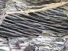 « Moulage en flûte » dans des roches datant du Briovérien près de la pointe de Keric.