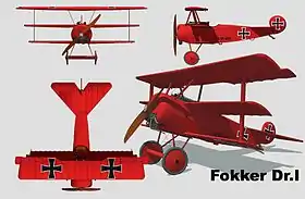 Plan 3 vues du Fokker Dr.I, l'avion de prédilection de Manfred von Richthofen, dit le « Baron Rouge ».