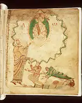 Thierry et sa femme implorant Saint Adalbert (illustration de l'Évangéliaire d'Egmond).