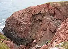 Photographie en couleurs d'une masse rocheuse de couleur rouge-pourpre veinée de gris-vert et partiellement recouverte de végétations rases, une étendue maritime en arrière-plan.