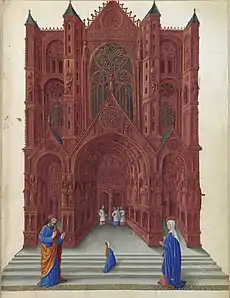 La façade de la cathédrale Saint-Étienne de Bourges dans La Présentation de la Vierge au temple, f.137.