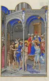 La Flagellation du Christ, 1412-1416miniature des Très Riches Heures du duc de Berrymusée Condé, Chantilly, ms.65, f.144