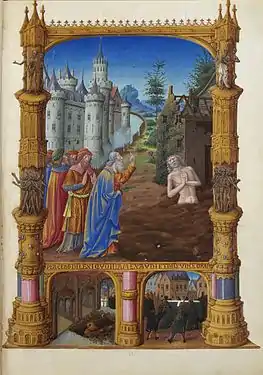 « Job et ses trois amis », Les Très Riches Heures du duc de Berry, Folio 82r, Musée Condé, Chantilly.
