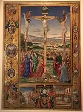 Page avec une grande peinture du Christ sur La Croix entourée d'un cadre doré.