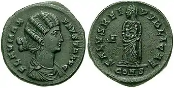 Monnaie grise, buste de femme en chignon ; femme debout tenant deux enfants contre sa poitrine