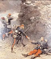 Le fond de la Giberne, 1882, Par Alphonse de Neuville. Un fantassin français mourant remet ses dernières cartouches à un clairon de mobiles lors de la guerre de 1870.