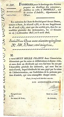 Action des Fonderies pour le laminage des cuirs propres au doublage des vaisseaux, émise le 9 avril 1806 à Paris, imprimée sur parchemin. Depuis 1793 déjà, les fonderies de Romilly étaient contrôlées par Jean-Barthélemy Le Couteulx de Canteleu et sa famille.