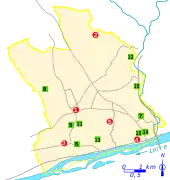 carte indiquant le localisation de sites d'une commune par un eu de repères chiffrés decouleurs