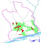 Carte en couleur représentant les étapes de développent du bâti d'un bourg.