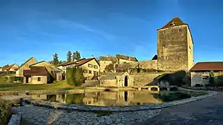 Le bassin de la source de la Romaine au pied du château.