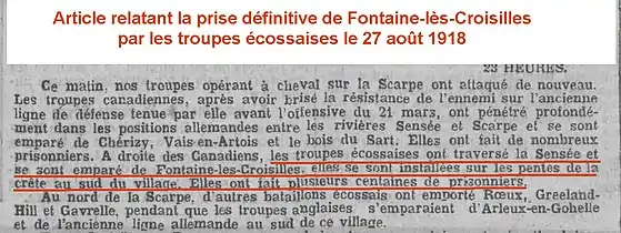 Un article de Journal relatant la libération de Fontaine-lès-Croisilles le 27 août 1918..