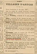 Un article de Journal de 1917 relatant les combats à Fontaine-lès-Croisilles.