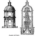 Élévation et coupe de la fontaine, où l'on voit les conduites du château d'eau servant à la répartition de l'eau entre les différents concessionnaires du quartier.