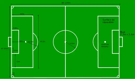 Dessin en couleur du terrain de football sur lequel les dimensions principales sont inscrites.