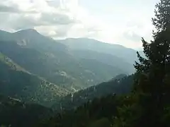 On devine plus bas à droite dans la forêt les derniers kilomètres de la route par le versant sud-est.