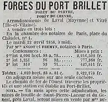 La mise en vente en mars 1856 de la forêt du Pertre et de la forêt de Chevré par les "Forges de Port-Brillet" (journal Le Pays du 12 mars 1856).