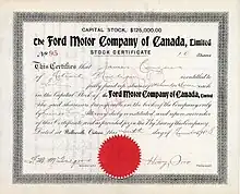 Action de la Ford Motor Company of Canada, émise le 10 novembre 1908 à Walkerville, Ontario, enregistrée au nom de Henry Couzens, signée dans l'original par Henry Ford en tant que président. Couzens a été l'un des fondateurs de Ford Motor Company en 1903 et y a travaillé jusqu'en 1919 en tant que vice-président et directeur général.