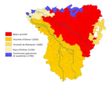 Détail d'une carte indiquant les principales étapes de la formation territoriale du Béarn.