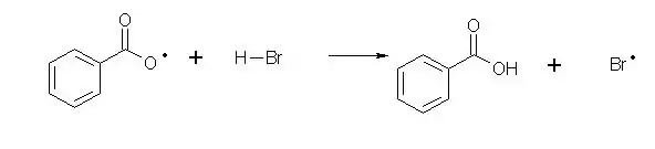 Réaction entre le radical benzoate et l'acide bromhydrique, formant l'acide benzoïque et un radical brome.