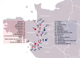 Carte de la Bretagne montrant les forteresses des Marches, du côté breton et du côté français.