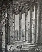 Dessin en noir et blanc de la colonnade circulaire d'un temple.