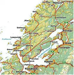 Carte du Trondheimsfjord et de la péninsule de Fosen.