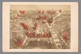 Panorama de Paris en gris avec des flammes rouges jaillissant des monuments